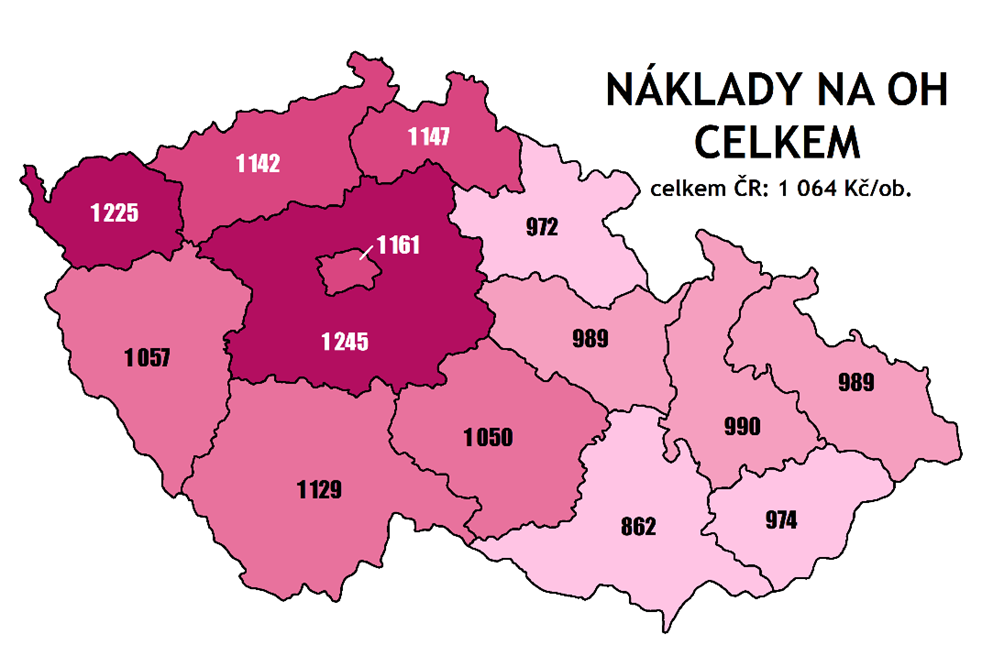 celkové náklady v Kč/ob. v roce 2020 podle krajů