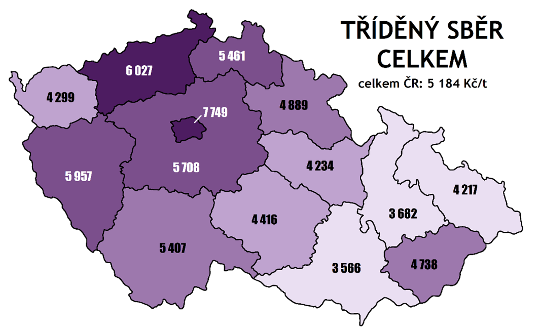 náklady na tříděný sběr v Kč/t v roce 2020 podle krajů