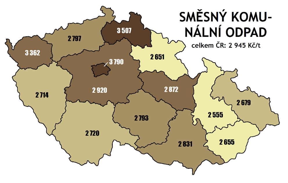 náklady na SKO v Kč/t v roce 2020 podle krajů